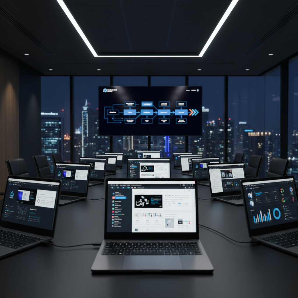 A refined, dark-toned meeting room designed for high-level digital strategy sessions, photographed at eye level. A long, matte-black conference table stretches into the distance, topped with slim laptops displaying Arabic-language site maps, brand guidelines, and analytics dashboards in crisp RTL layouts. A large wall-mounted, bezel-less screen at the far end shows a sophisticated digital roadmap infographic without readable text, just structured blocks and icons. Floor-to-ceiling windows reveal a night cityscape with softly glowing office towers. Cool, focused overhead lighting creates gentle reflections on the table and subtle highlights on metallic details. The atmosphere is strategic, serious, and polished, conveying premium digital consulting and transformation planning. Photographic realism with a slightly shallow depth of field to emphasize the central devices and interface content.